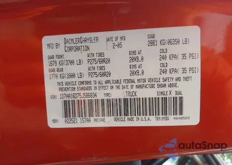 2005 Dodge Ram 1500 Slt/Laramie из США, поврежденный, VIN 1D7HA16D75J586834